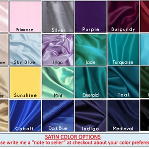 May include: A color chart displaying satin fabric swatches in various colors, including pink, silver, purple, and red. The chart includes color names like "Champagne", "Sky Blue", and "Gold". Text at the bottom reads "SATIN COLOR OPTIONS".