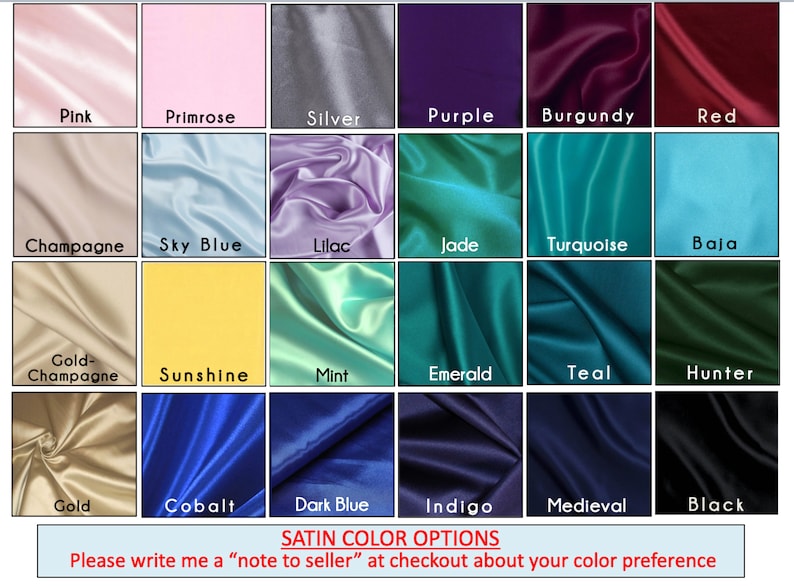 May include: A color chart displaying satin fabric swatches in various colors, including pink, silver, purple, and red. The chart includes color names like "Champagne", "Sky Blue", and "Gold". Text at the bottom reads "SATIN COLOR OPTIONS".