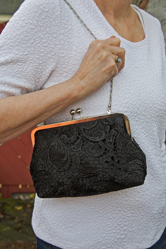 Vintage STEPHANIE Black Beaded Handbag Clutch Purse Evening ~Optional Chain