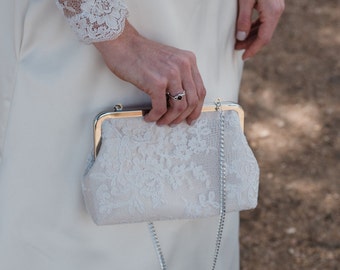Handmade Alencon Lace Bridal Clutch: Champagne Satin Wedding Purse