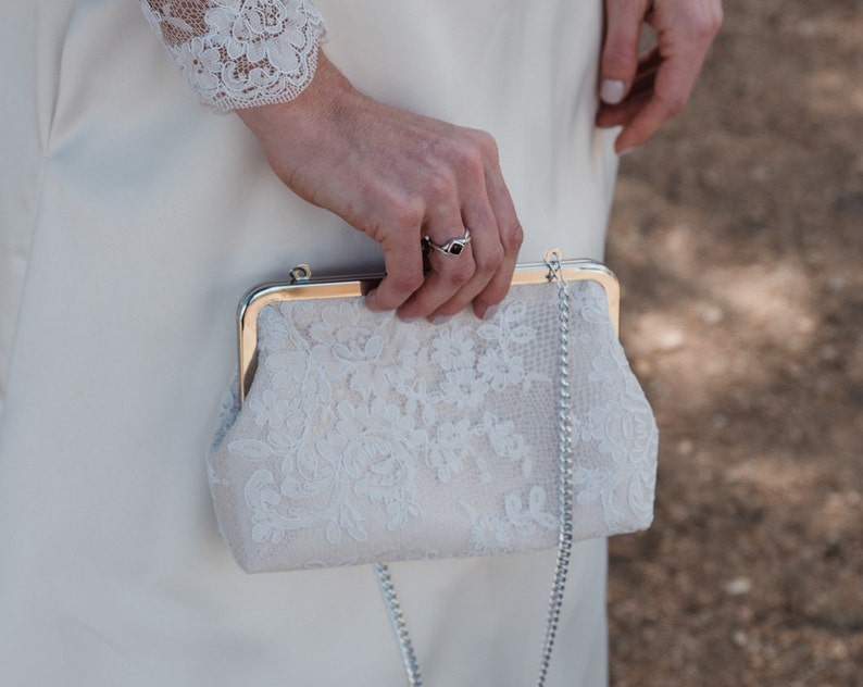 Alencon Lace & Champagne Satin Bridal Clutch Mother of the Bride Clutch Maid of Honor Gift, Lace Wedding Custom Clutch Purse, 8 In Clasp image 1