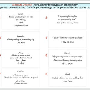 May include: Image featuring eight rectangular cards with handwritten messages in black ink. The messages are for weddings and include dates and names. The top of the image has text that reads "Message Options: For a longer message; Not embroidery."