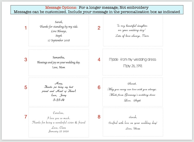 May include: Image featuring eight rectangular cards with handwritten messages in black ink. The messages are for weddings and include dates and names. The top of the image has text that reads "Message Options: For a longer message; Not embroidery."