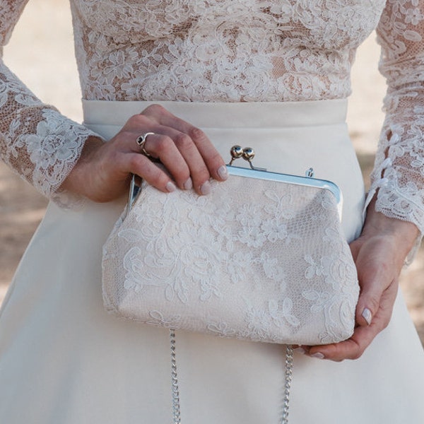 Alencon Lace & Champagne Bridal Clutch | Mother of the Bride Clutch | Maid of Honor Gift | White Lace Wedding Clutch | Custom | 8 Inch Clasp