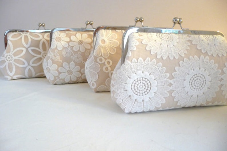 Floral Clutch Set of 4, Bridesmaid Champagne Clutch Gift Set, Personalized Lace Clutch, Wedding Clutch, Vintage Style Lace, Eight inch Frame image 2