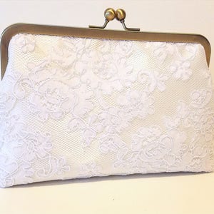 Alencon Lace Bridal Clutch, Handmade White Satin Bridal Purse, Bridesmaid Clutch, White Lace Wedding Clutch, Bridal Party Gift, 8 inch Clasp