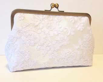 Alencon Lace Bridal Clutch, Handmade White Satin Bridal Purse, Bridesmaid Clutch, White Lace Wedding Clutch, Bridal Party Gift, 8 inch Clasp