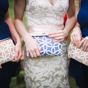 Colorful Bridesmaid Clutch Set of 3, Personalized Lace Wedding Clutch Purse with Vintage Style Lace, Eight inch Frame image 2