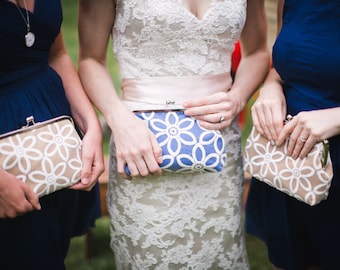 Bridesmaid Gift Clutch Set of 3, Personalized Lace Wedding Clutch Purse with Vintage Style Lace, Mustard Clutch Set, Eight inch Frame