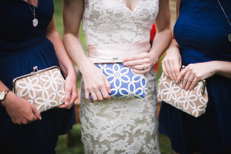 Colorful Bridesmaid Clutch Set of 3, Personalized Lace Wedding Clutch Purse with Vintage Style Lace, Eight inch Frame image 2