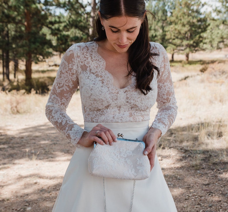 Alencon Lace & Champagne Satin Bridal Clutch Mother of the Bride Clutch Maid of Honor Gift, Lace Wedding Custom Clutch Purse, 8 In Clasp image 3