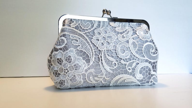 Gray Silver & Lace Bridal Clutch Lace Bridal Purse Personalized Grey Yellow Bridesmaid Clutch Custom Wedding Party Gift 8-inch Clasp image 5