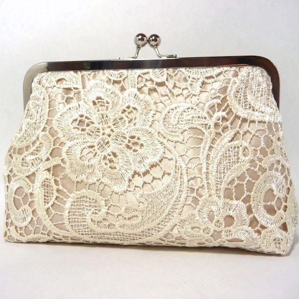 Champagne Satin & Ivory Lace Bridal Clutch | Mother of the Bride Gift, Handmade Lace Bridesmaid Clutch, Personalized Wedding Gift 8in Clasp
