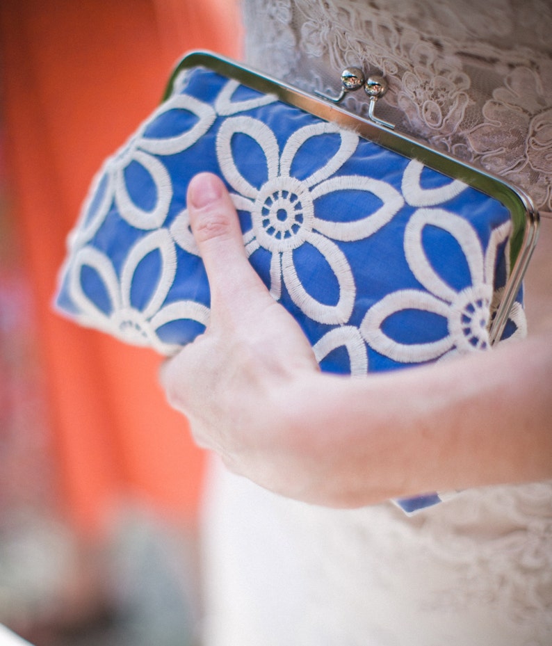 Sunflower Lace Bridal Clutch with Organza Embroidered Lace, Custom Clutch Purse, Eight inch Frame image 1