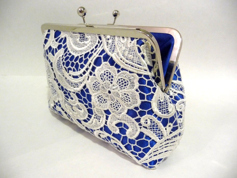 Cobalt Blue Lace Clutch, Blue Satin Bridal Clutch with White Lace Overlay, Wedding Purse, Something Blue Bridesmaid Gift, 8 Inch Frame, image 2