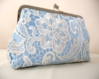 Lace Bridal Clutch, Light Blue Satin Bridal Clutch with Floral Lace Overlay, 8 Inch Frame