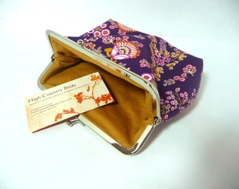 Purple Vintage Style Clutch, Small Bridesmaid Clutch, Fun Floral Purse, Six Inch Purse Frame