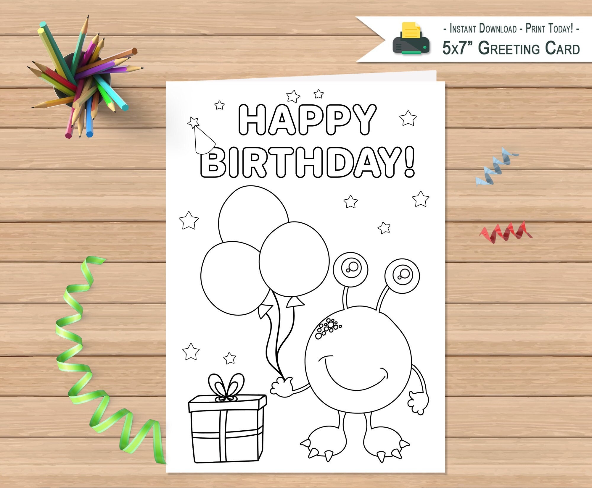 printable happy birthday card coloring greeting card kids etsy