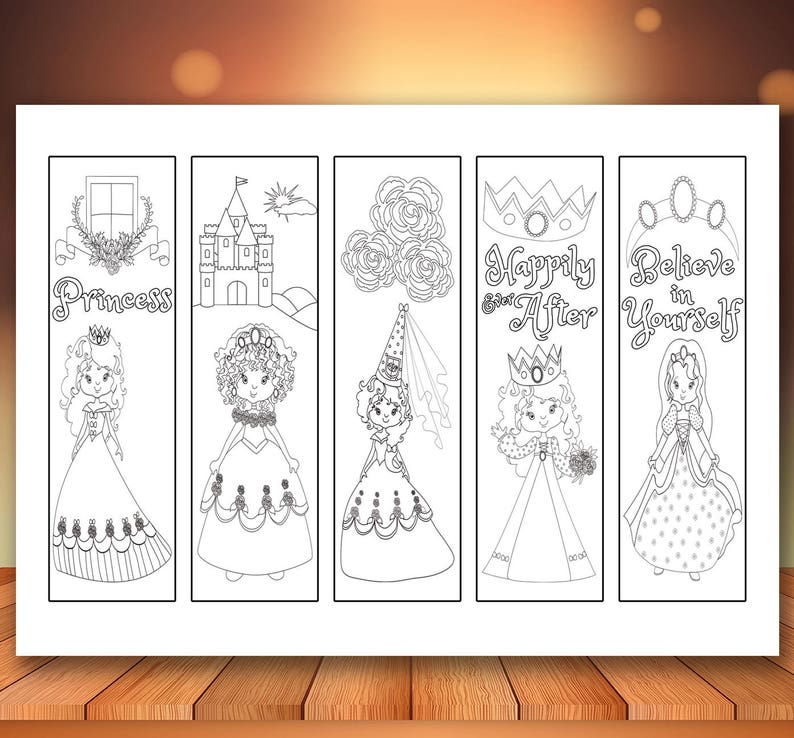 instant print bookmarks princess coloring set of 5 digital etsy