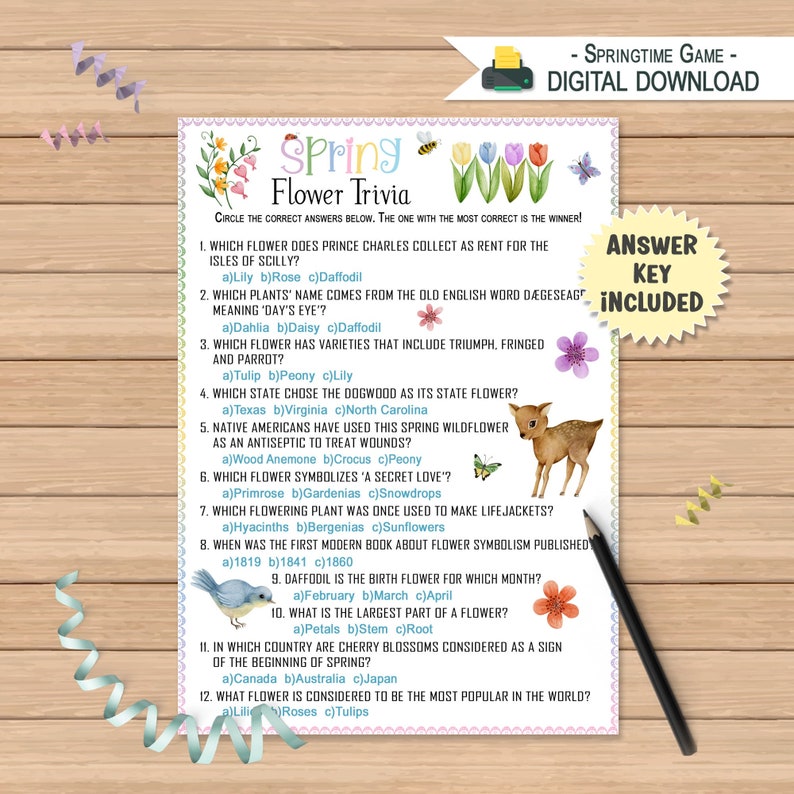 Spring Flower Trivia Quiz Game Springtime Flowers Trivia Etsy