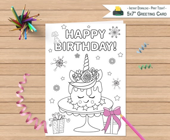 printable happy birthday card coloring greeting card kids etsy
