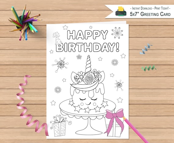 printable happy birthday card coloring greeting card kids etsy