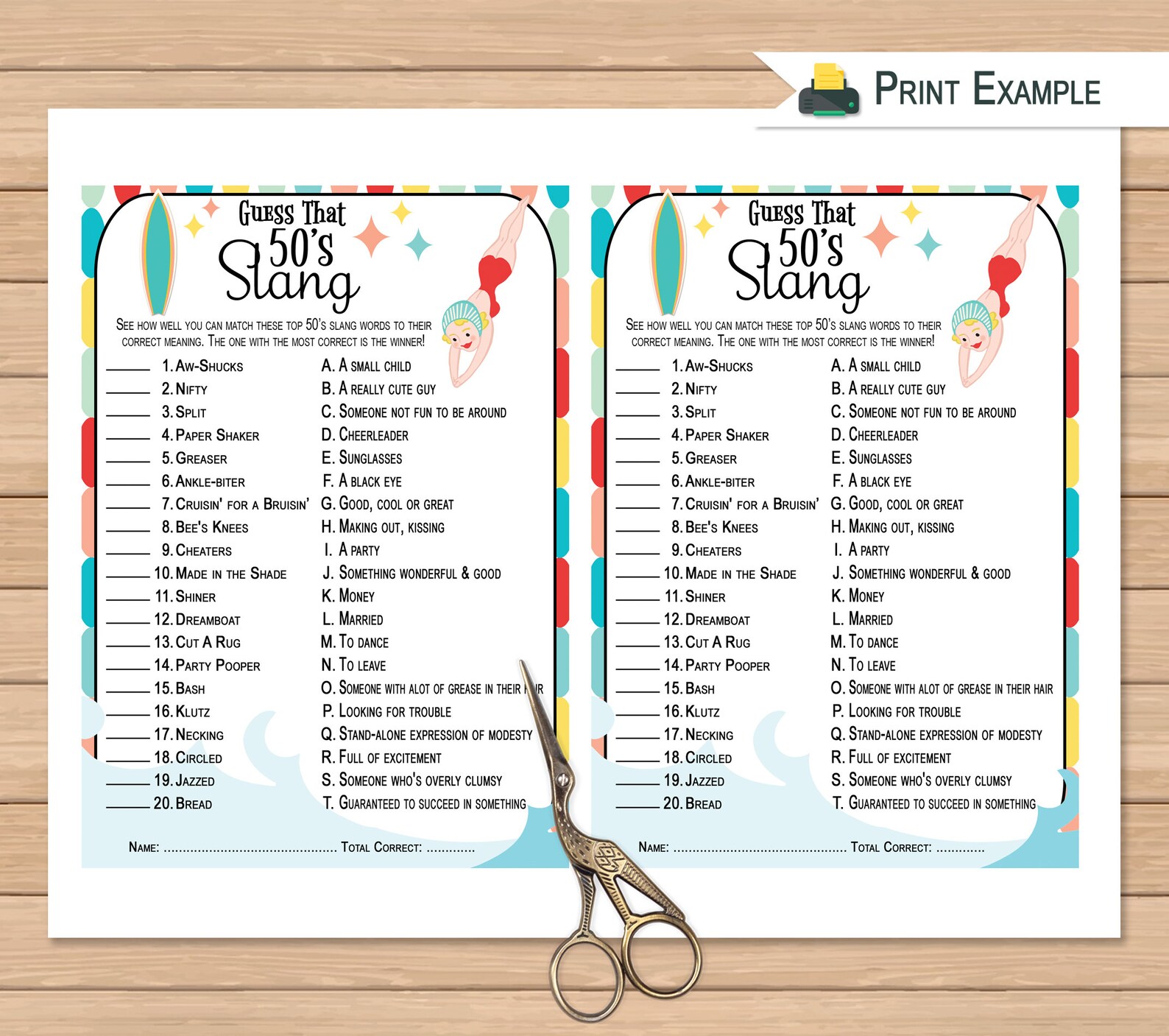 Guess That 50's Slang Game Birthday Activity 50s Slang Etsy