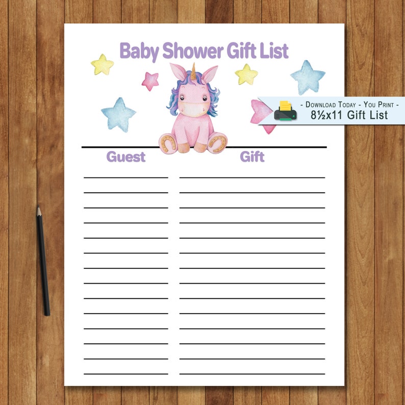 Baby Shower Gift List Sheet DIY Printable Baby Unicorn | Etsy