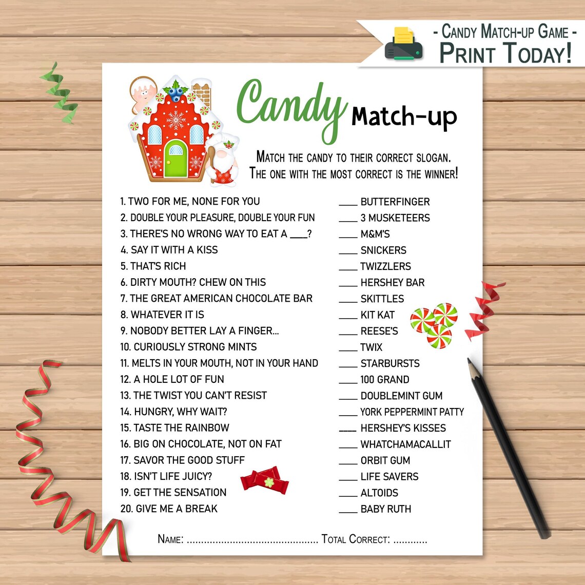 Candy Match up Game Christmas Activity Printable Christmas Etsy