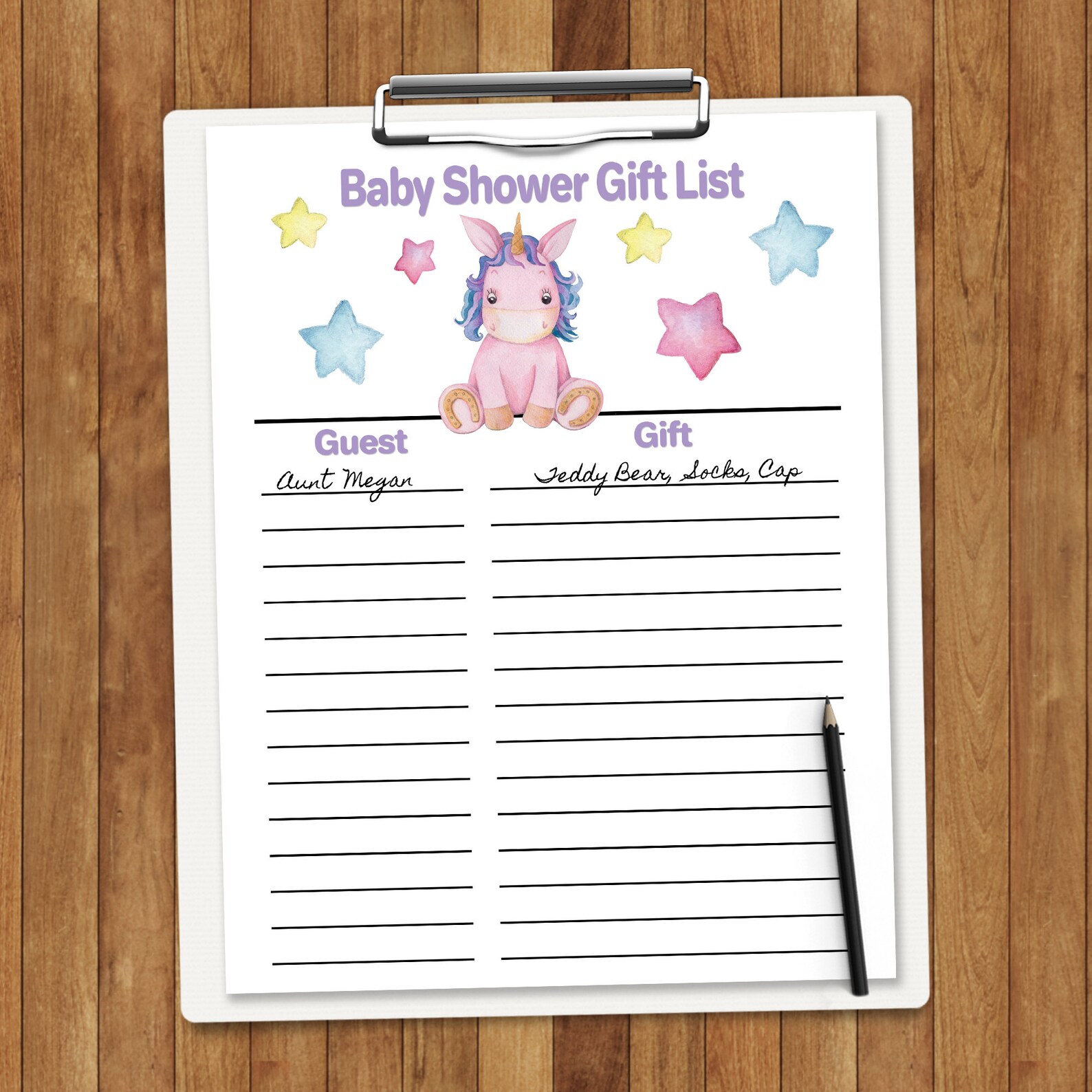 Baby Shower Gift List Sheet DIY Printable Baby Unicorn Etsy