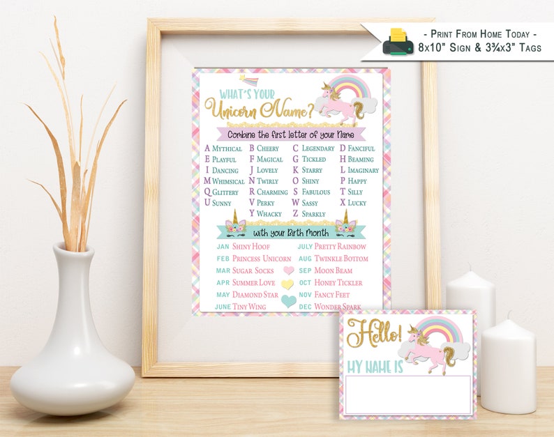 whats your unicorn name sign printable 8x10 name tags etsy