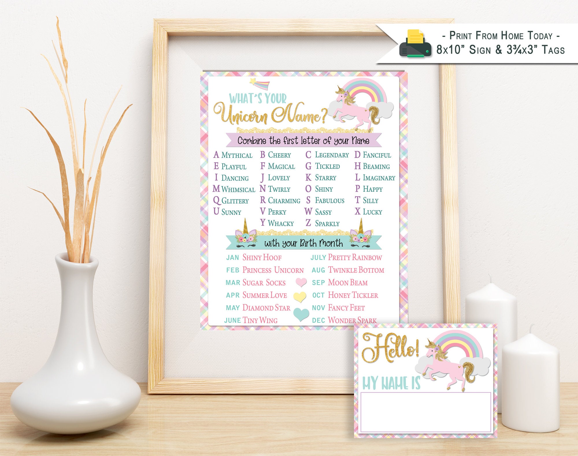 whats your unicorn name sign printable 8x10 name tags etsy
