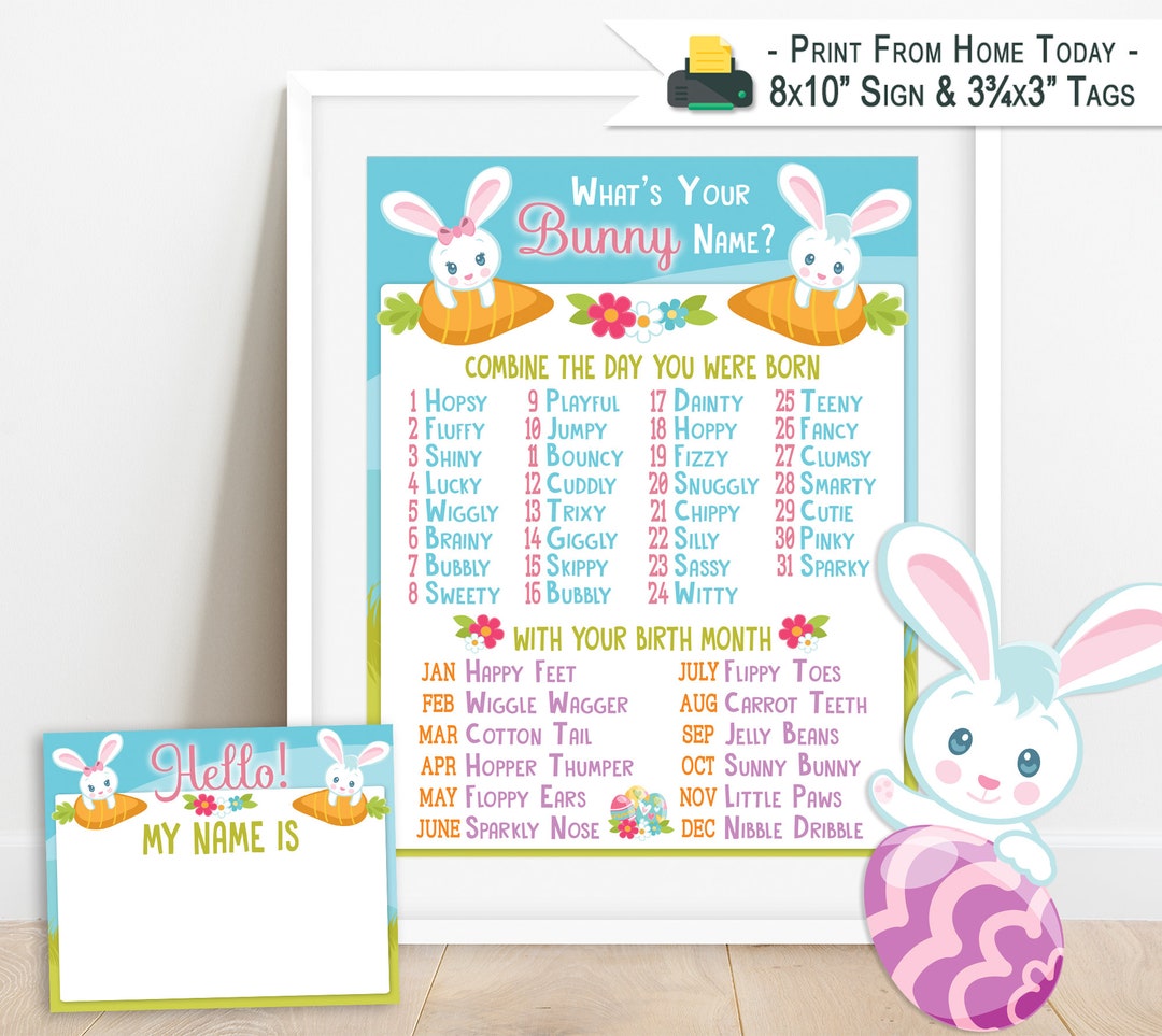 Whats Your Bunny Name Game  Printable Sign & Name Tags