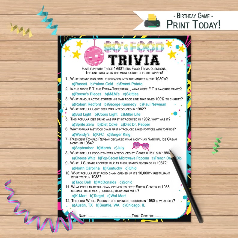 1980s Food Trivia Questions Game Birthday Activity 80s Etsy