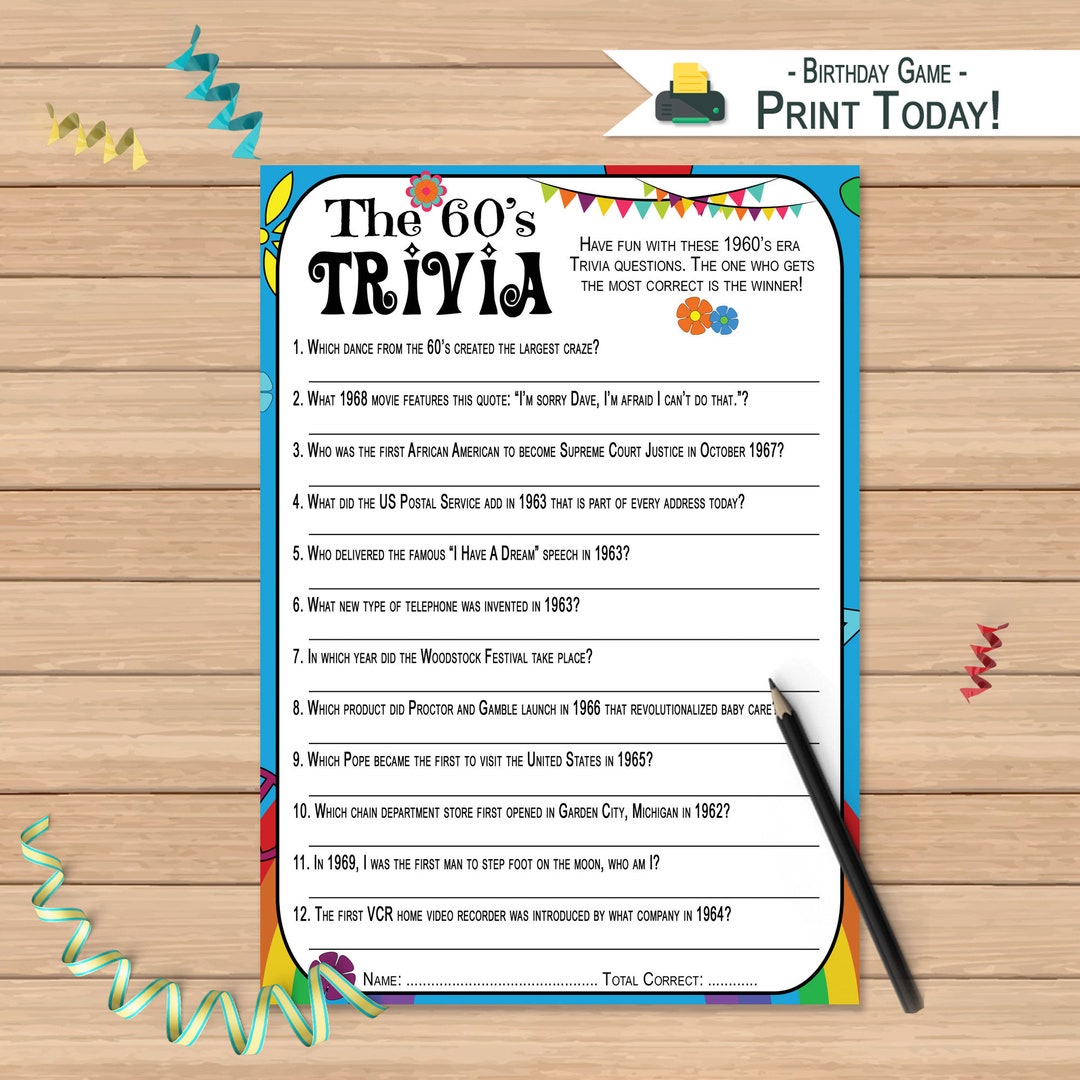 1960s Trivia Questions Game Birthday Activity 60s Trivia - Etsy Canada