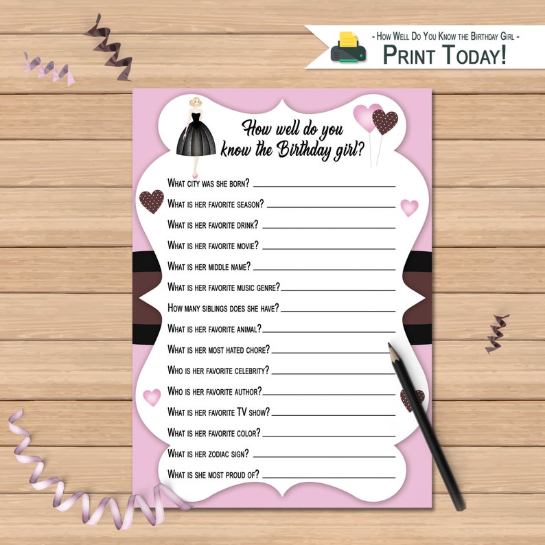 Birthday Party Adult Or Teen How Well Do You Know The Birthday Girl Quiz Printable Birthday Game Birthday Activity Party Favors Games Paper Party Supplies