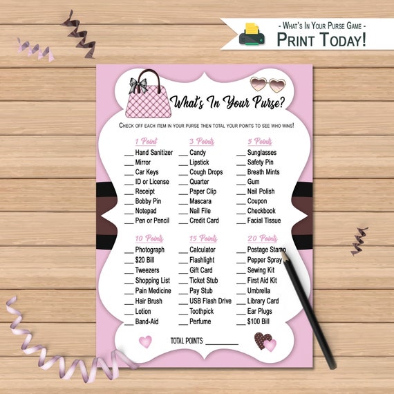 What's in Your Purse Game Quiz Birthday Activity Etsy
