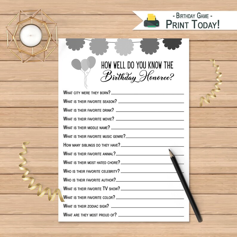 Adult How Well Do You Know the Birthday Honoree Quiz Birthday Party Printable Birthday Game Birthday Questionnaire Activity
