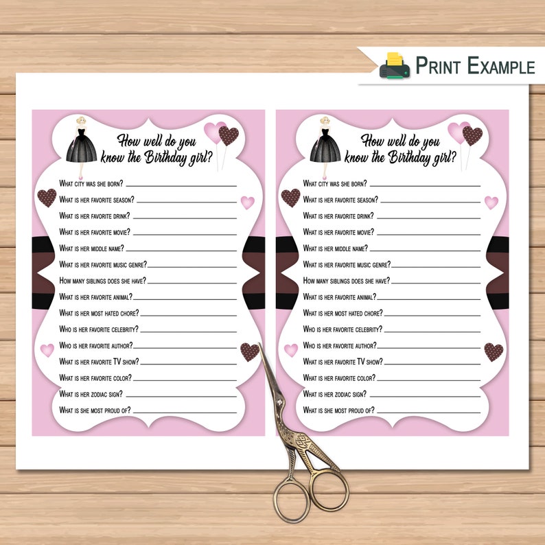 Birthday Party Adult Or Teen How Well Do You Know The Birthday Girl Quiz Printable Birthday Game Birthday Activity Party Favors Games Paper Party Supplies