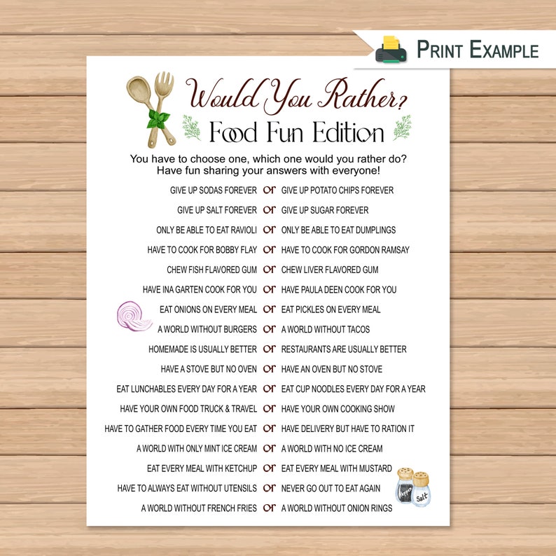 Would You Rather Food Edition Fun Food Questions Party Etsy