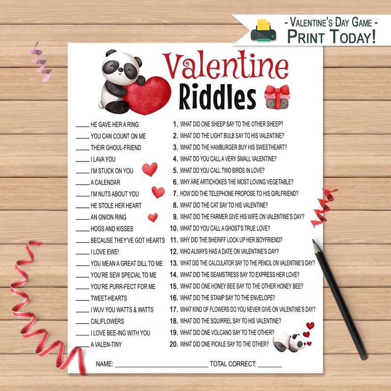 Valentine Riddles Game for Kids Printable Valentine Party Etsy