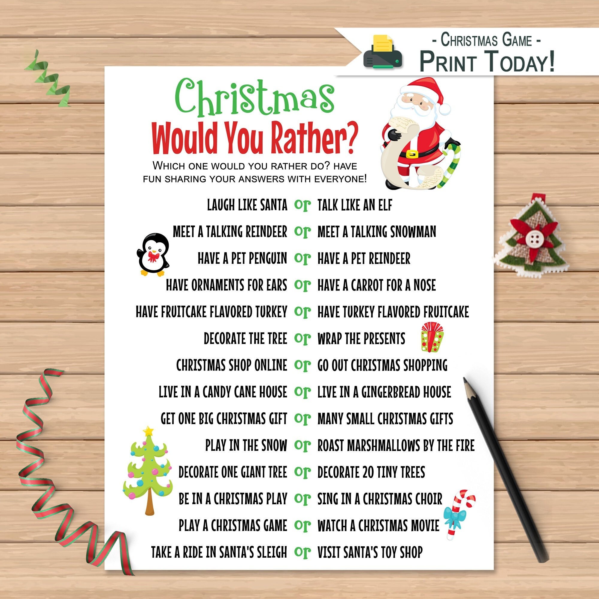 Christmas Would You Rather Game for Kids Printable Christmas 