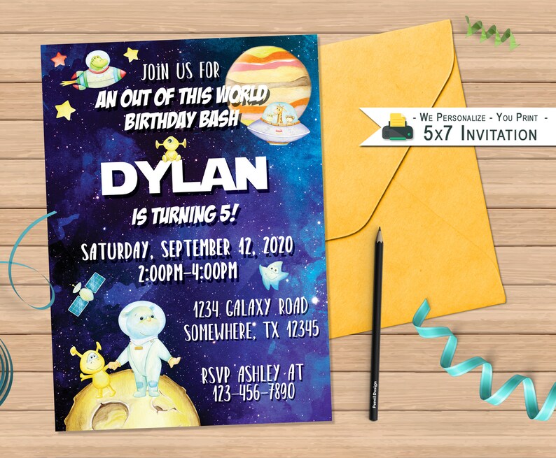 Digital File PDF /& JPG Space Alien Invite You Print Invitation Template Space Friends Birthday Invitation 5x7