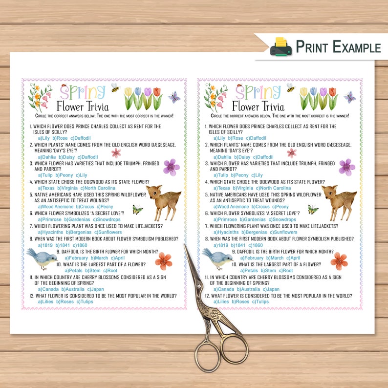 Spring Flower Trivia Quiz Game Springtime Flowers Trivia Etsy
