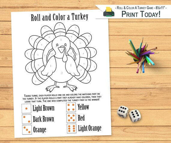 Roll & Color a Turkey Game Thanksgiving Kids Party Game