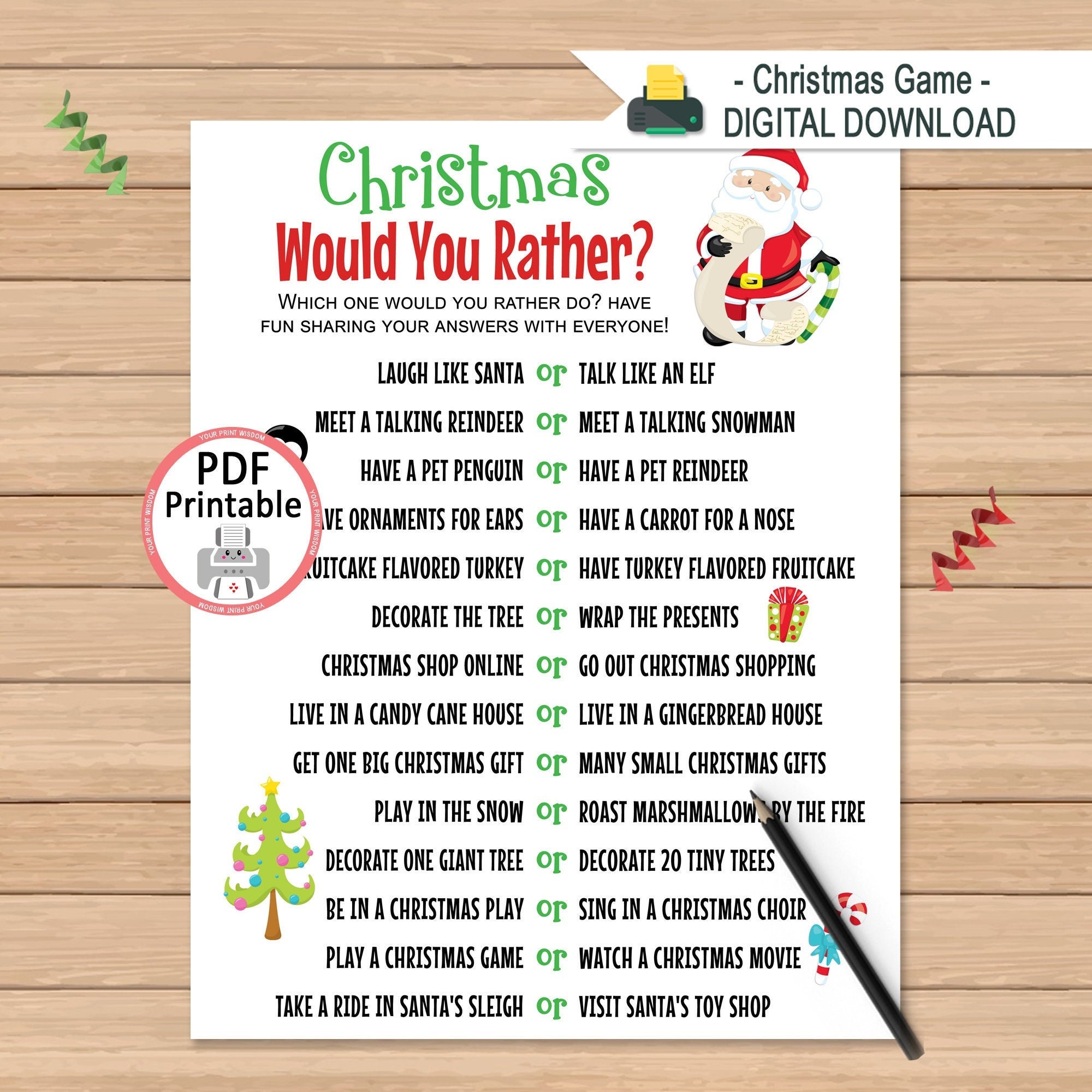 Christmas Would You Rather Game for Kids Printable Christmas ...