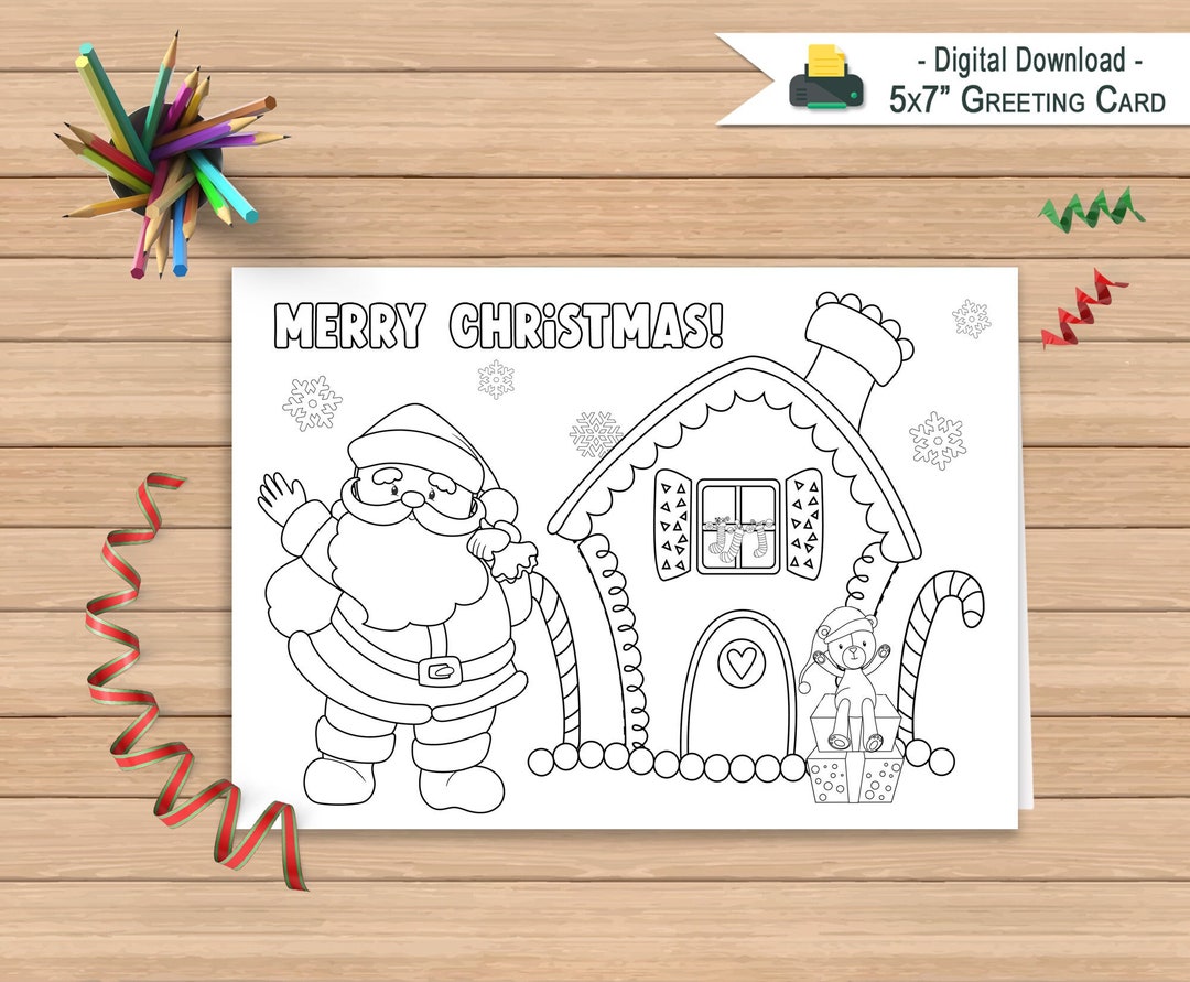 Printable Merry Christmas Card Coloring Greeting Card Kids - Etsy