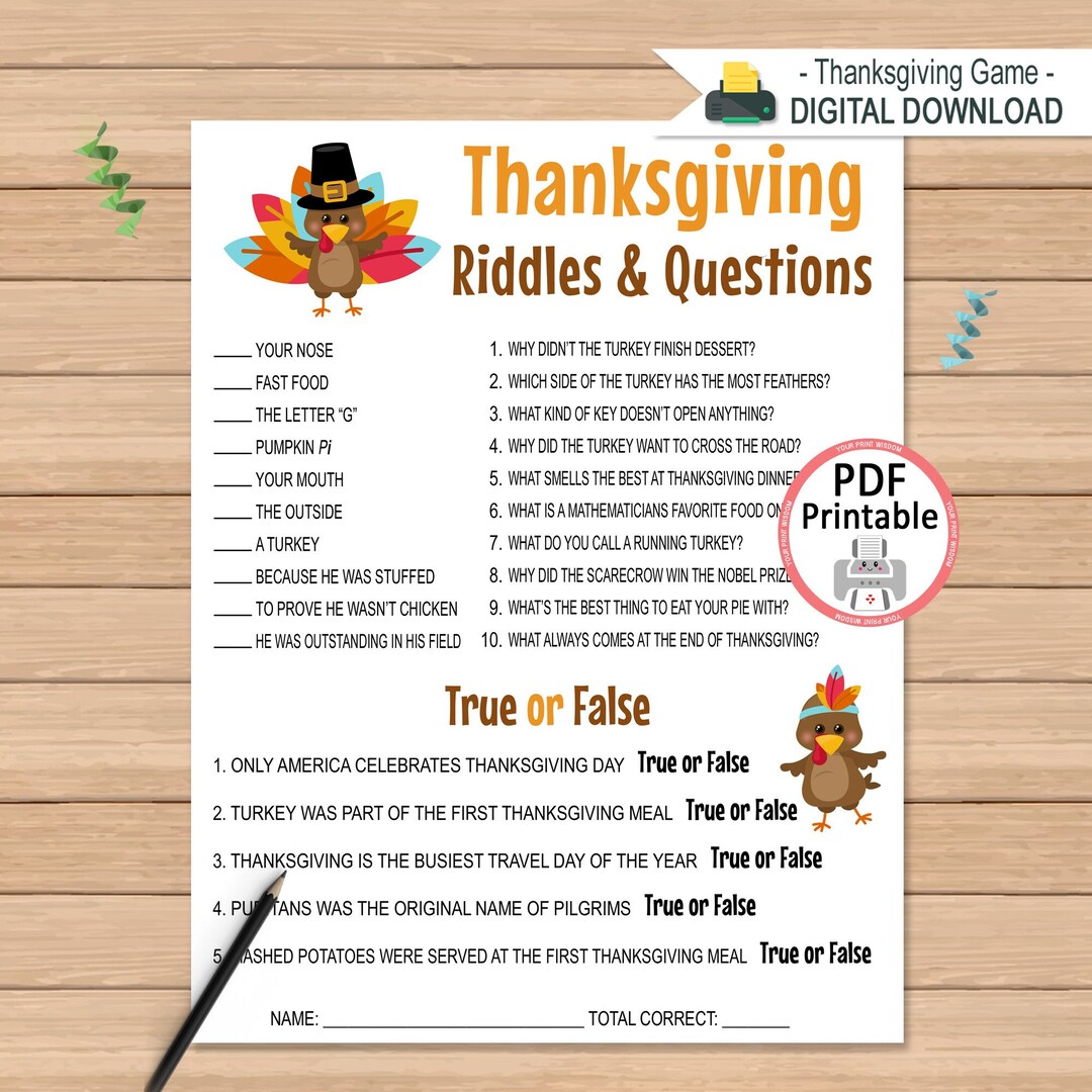 Thanksgiving Riddles & Questions Game for Kids Printable - Etsy