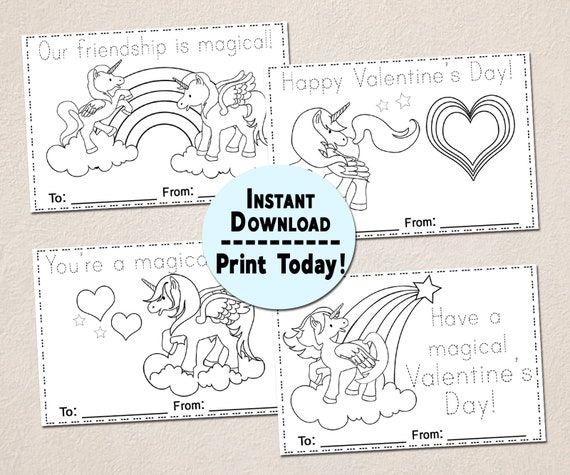 Unicorn Coloring Valentine Day Cards Printable DIY Valentine