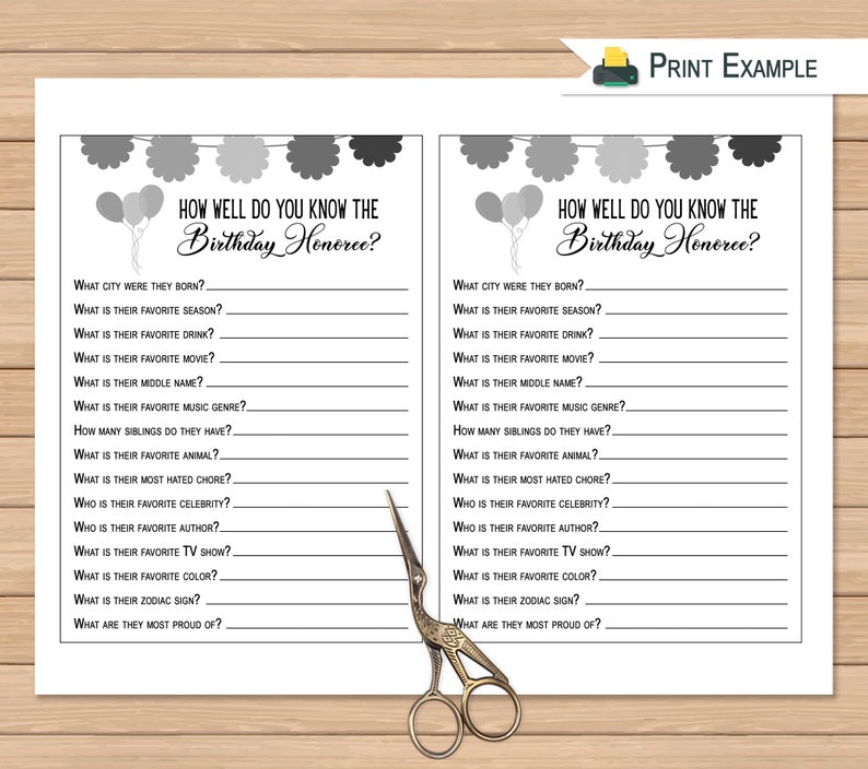 Adult How Well Do You Know the Birthday Honoree Quiz Birthday Party Printable Birthday Game Birthday Questionnaire Activity